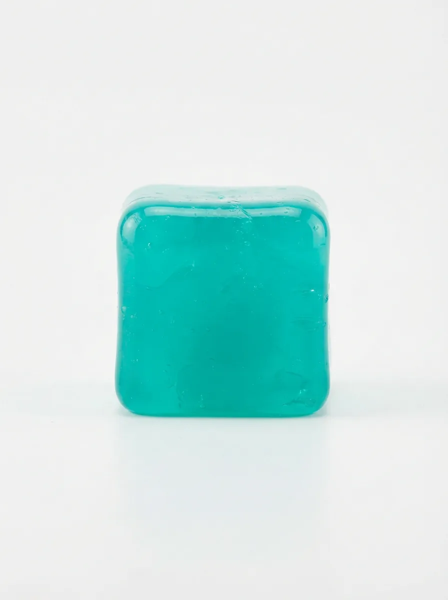 A single, vibrant teal NeeDoh Gel Ice Cube centered on a white background, showcasing its translucent color and cube shape.