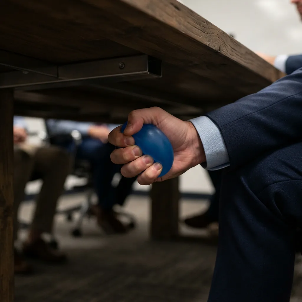A professional hand discreetly squeezing a NeeDoh Nice Cube under a conference table during a meeting.
