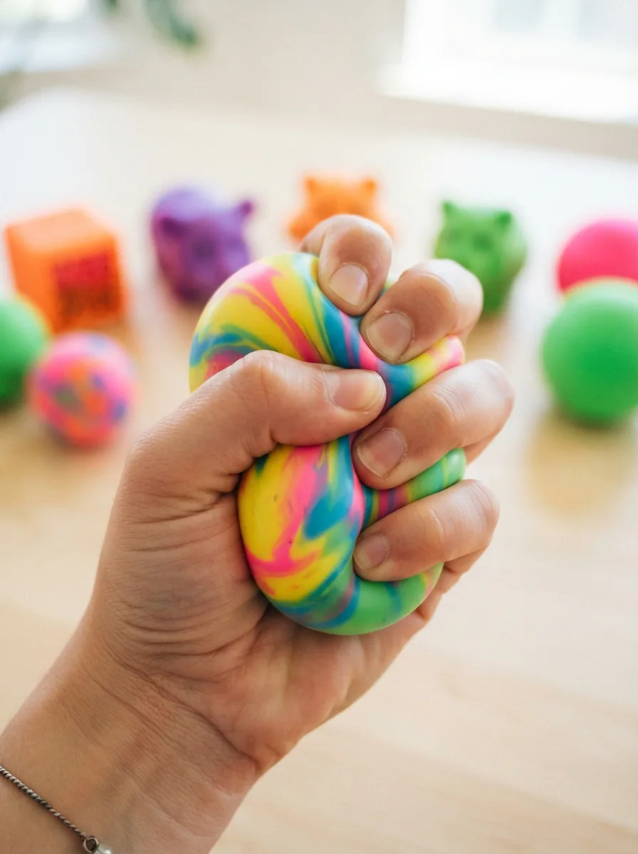 A vibrant, close-up hero shot of a hand squeezing a colorful NeeDoh stress ball, with other squishy toys playfully blurred in the background.