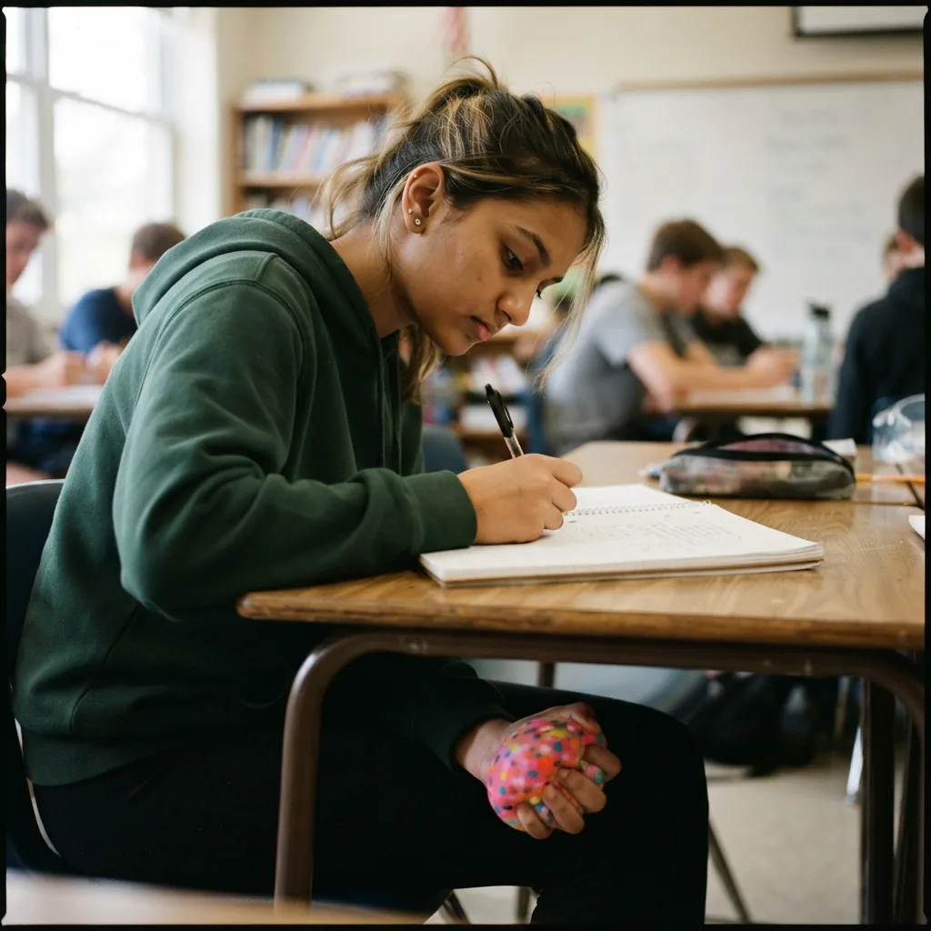 A student at a desk, subtly squeezing a NeeDoh toy under the table while looking at a notebook, aiding concentration.