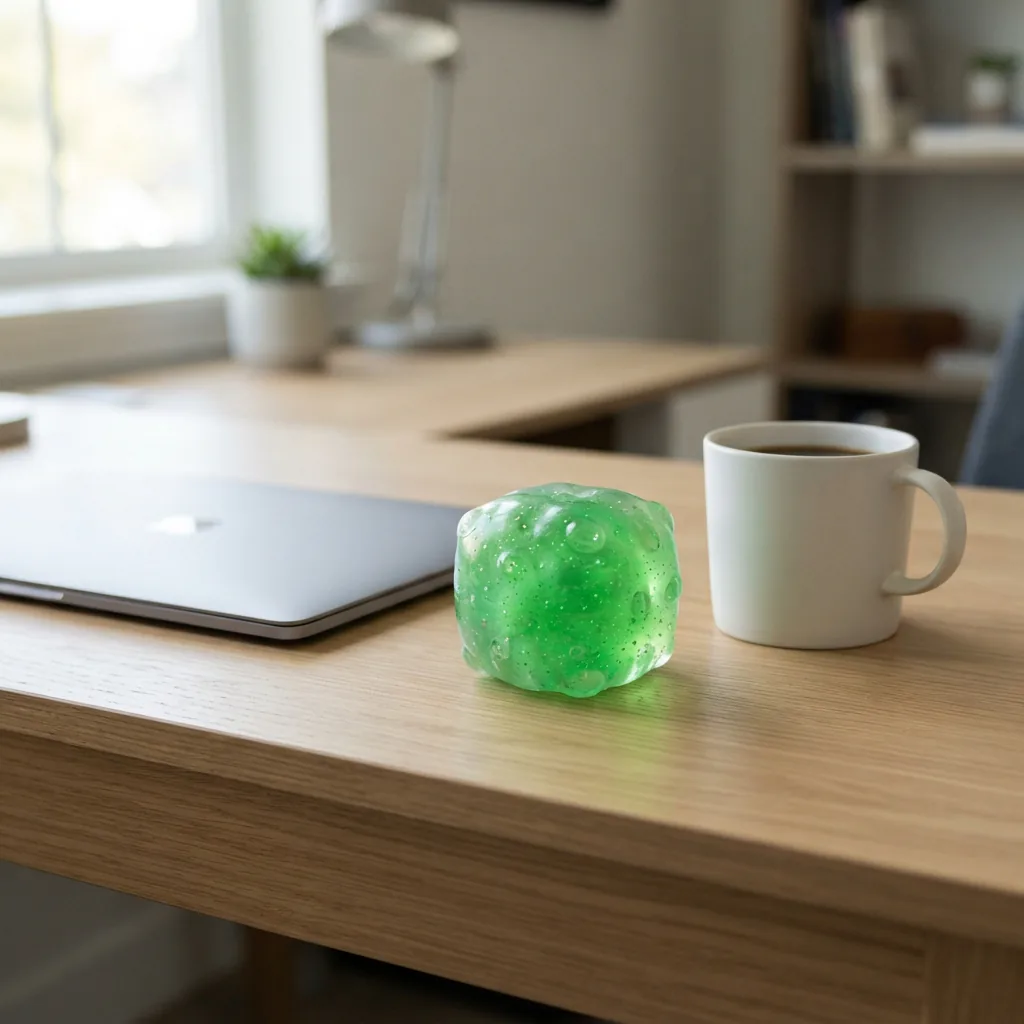 A NeeDoh Nice Cube sitting on a professional office desk next to a laptop and a coffee mug.