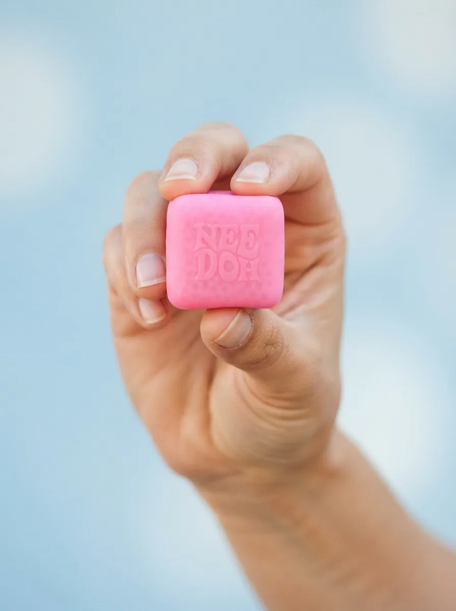 A pink NeeDoh Nice Ice Baby stress ball held between a thumb and forefinger against a soft blue background.